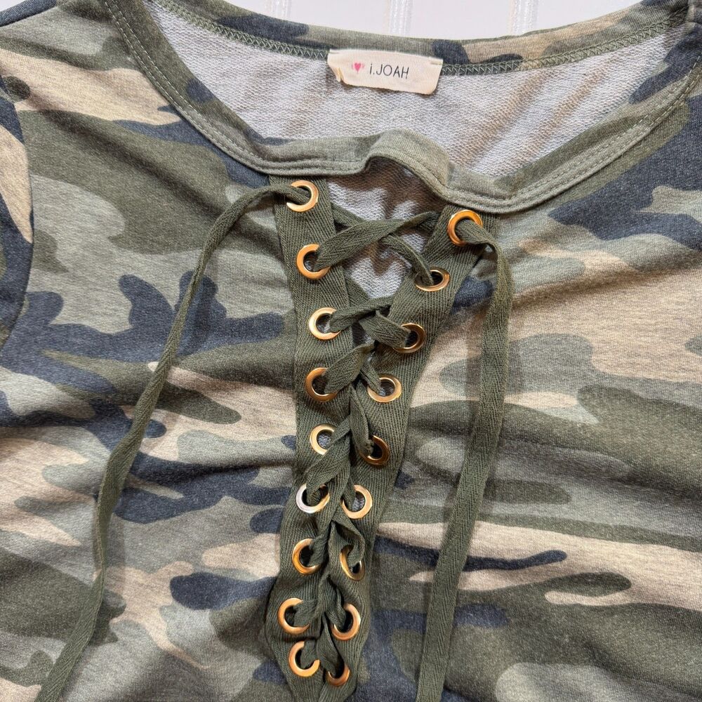 Camo Lace Up Mini Dress Grommet Casual Short Sleeve Tunic Shift Green Brown S - Picture 4 of 5